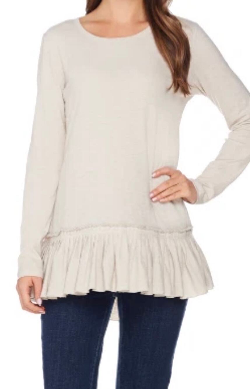 LOGO Lori Goldstein 100% Cotton Slub Tunic in Sand Pleated Hem LARGE Soft Layer